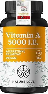 NATURE LOVE® Vegane Vitamin A – 365 Tabletten mit 5.000 IE – für Sehkraft, Haut & Immunsystem -…