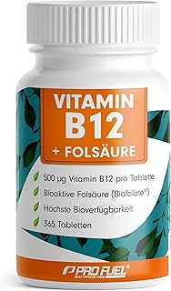 VITAMIN B12 hochdosiert – 365 Tabletten mit 500 µg Vit B12 + 200 µg Biofolate® Folsäure – Met…