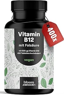 Vitamin B12 hochdosiert – 400 Tabletten mit 500µg Vit B12 + 200µg Folsäure – zertifiziert Labo…