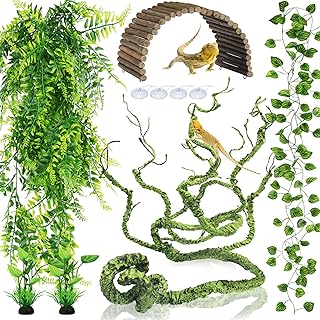 QUOZUO Reptilien Künstliche Pflanzen Biegbare Holzbrücken Terrarium Kletterreben Blätter, Hän…