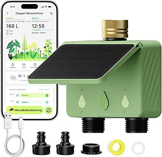 Solar WLAN Bewässerungscomputer für Garten, 2-Wege Smart Bewässerungsuhr mit Durchflussmesser,…