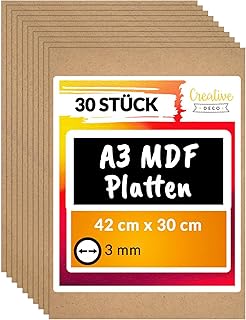 Creative Deco 30 x A3 MDF Platten | 420 x 300 x 3 mm | Dünne Holz-platten | Perfekt für Laser, …