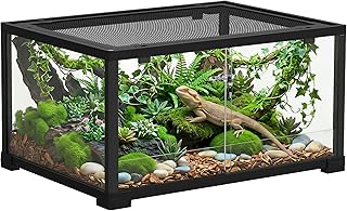 PawHut Terrarium für Reptilien mit Schiebetür Schwarz 60 x 45 x 32 cm | Glasterrarium, Reptil F…